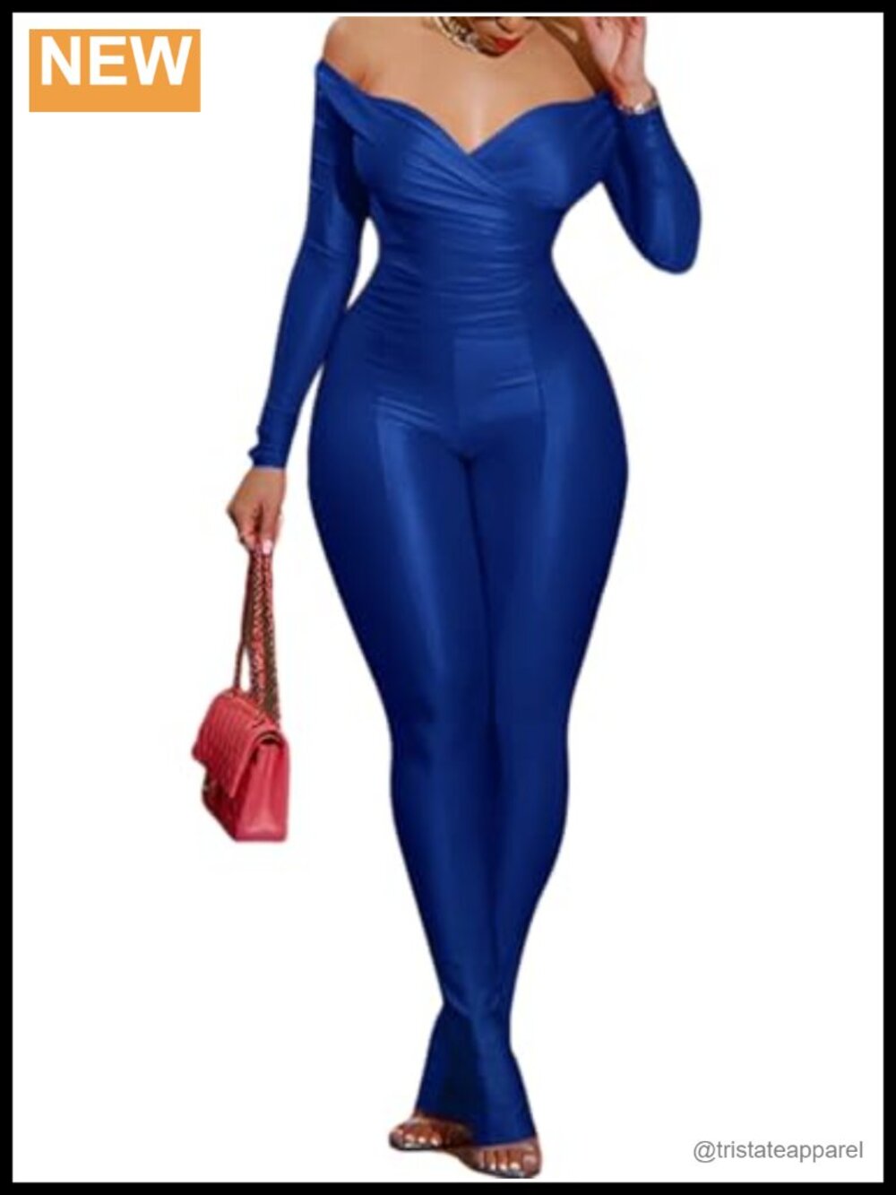 2 Piece Bodycon Off Shoulder Top & Flared Pants Set Long Sleeve V-Neck